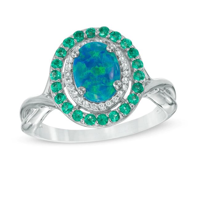 Oval Simulated Blue-Green Opal, Lab-Created Emerald and White Sapphire Frame Ring in Sterling Silver