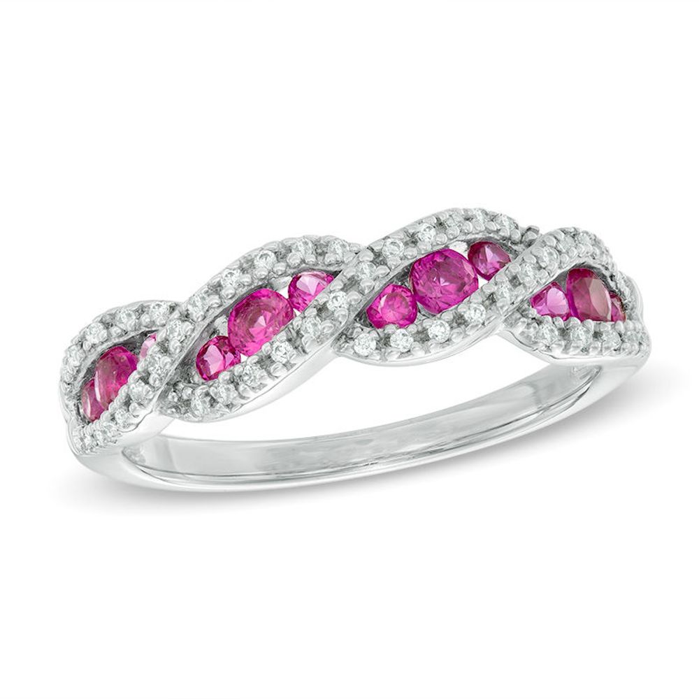 Lab-Created Ruby and White Sapphire Cascading Three Stone Band in Sterling Silver|Peoples Jewellers