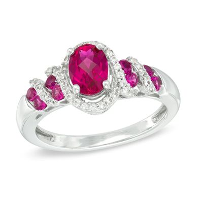 Oval Lab-Created Ruby and White Sapphire Cascading Frame Ring in 10K White Gold|Peoples Jewellers