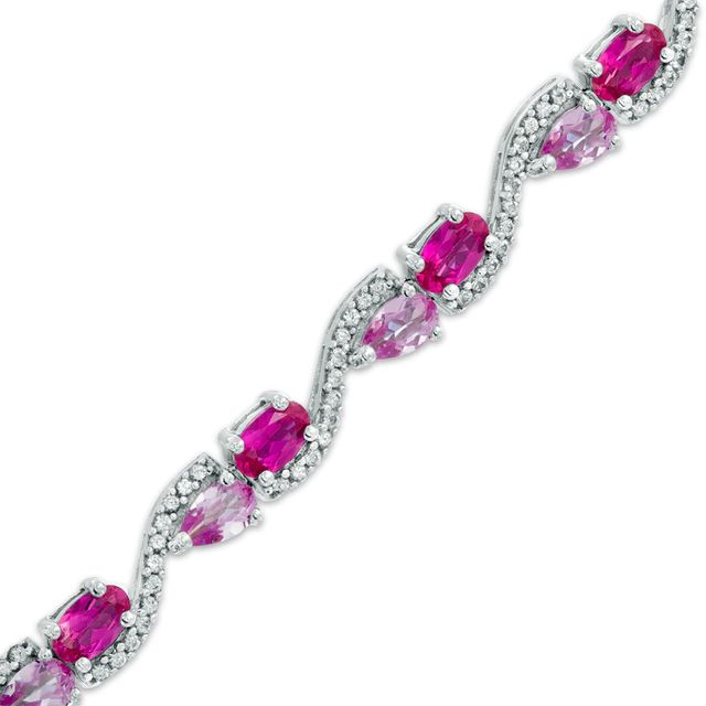 Oval Lab-Created Ruby and Pear-Shaped Pink Sapphire Wave Link Bracelet in Sterling Silver - 7.25"|Peoples Jewellers