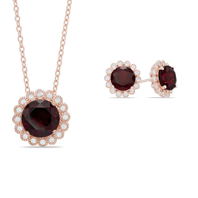 Garnet and Lab-Created White Sapphire Frame Pendant and Earrings Set in Sterling Silver and 18K Rose Gold Plate|Peoples Jewellers