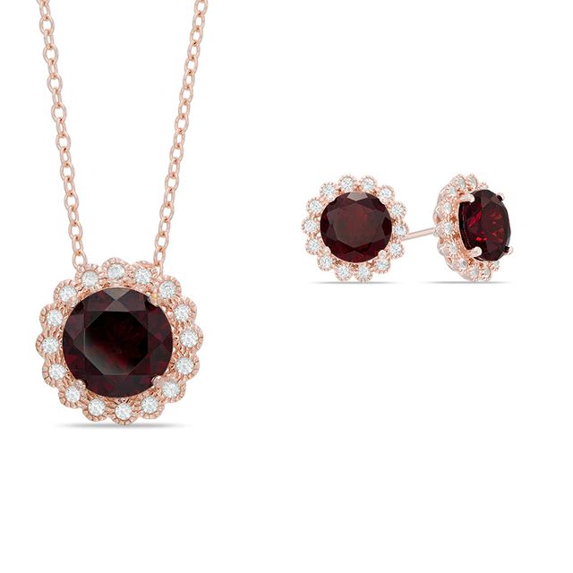 Garnet and Lab-Created White Sapphire Frame Pendant and Earrings Set in Sterling Silver and 18K Rose Gold Plate