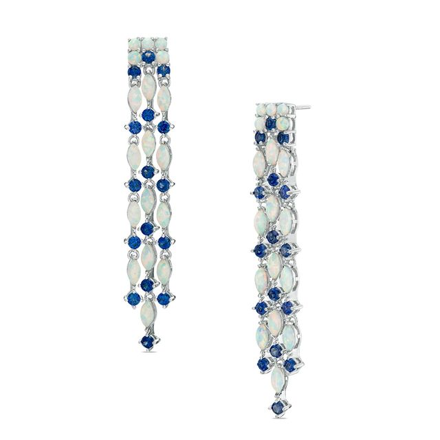 Marquise Lab-Created Opal and Blue Sapphire Triple Line Drop Earrings in Sterling Silver