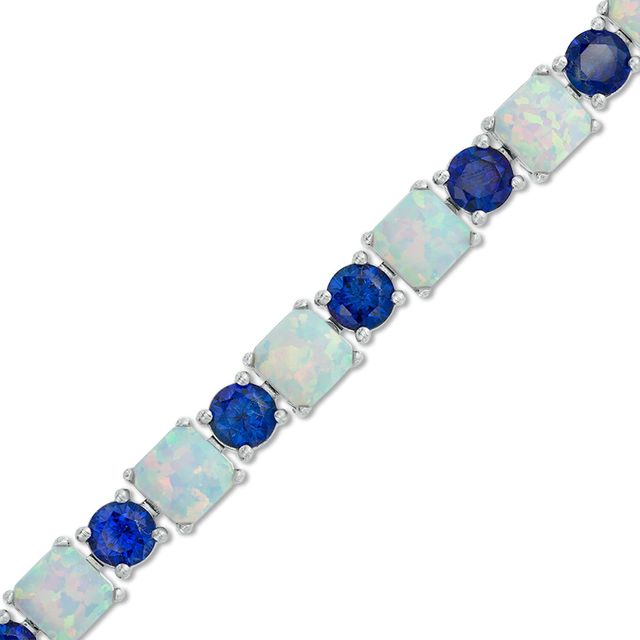Princess-Cut Lab-Created Opal and Blue Sapphire Alternating Bracelet in Sterling Silver - 7.25"|Peoples Jewellers