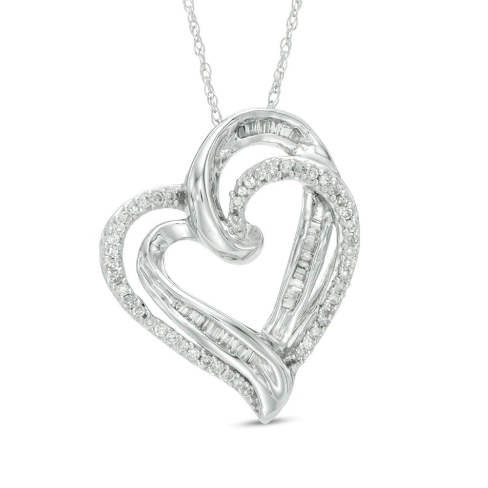 0.25 CT. T.W. Diamond Tilted Double Heart Pendant in 10K White Gold|Peoples Jewellers