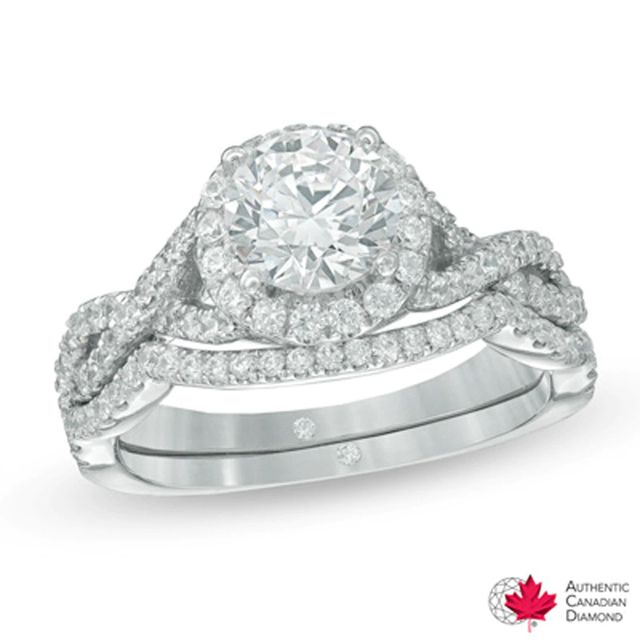 1.24 CT. T.W. Certified Canadian Diamond Frame Twist Shank Bridal Set in 14K White Gold (I/I2)|Peoples Jewellers