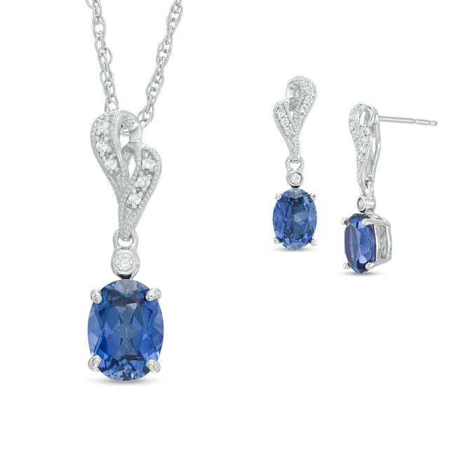 Lab-Created Blue and White Sapphire Pendant and Earrings Set in Sterling Silver