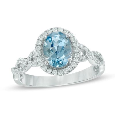 Oval Aquamarine and 0.30 CT. T.W. Diamond Frame Twist Engagement Ring in 14K White Gold|Peoples Jewellers