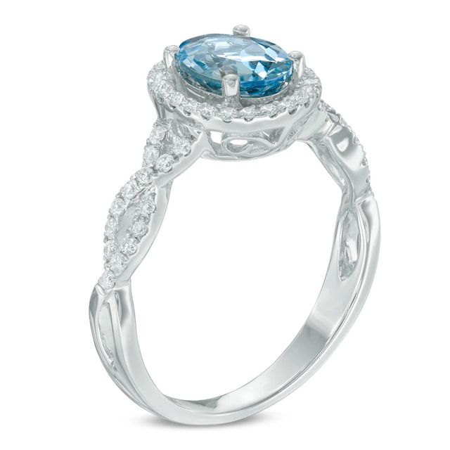 Oval Aquamarine and 0.30 CT. T.W. Diamond Frame Twist Engagement Ring in 14K White Gold|Peoples Jewellers