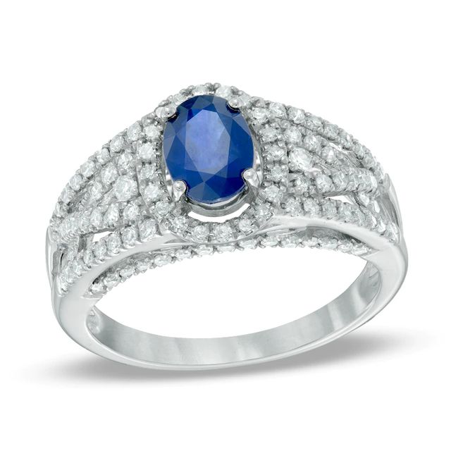 Your Stone Your Story™ Oval Blue Sapphire and 0.52 CT. T.W. Diamond Frame Ring in 14K White Gold