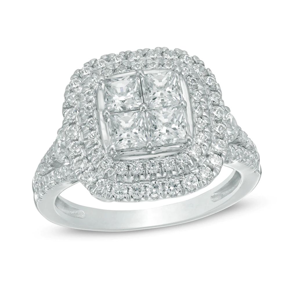 1.95 CT. T.W. Princess-Cut Quad Diamond Double Cushion Frame Engagement Ring in 14K White Gold|Peoples Jewellers