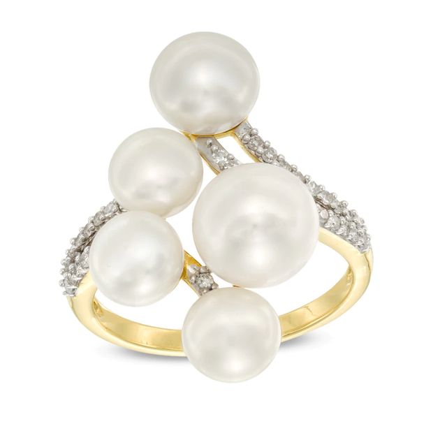 6.0-8.0mm Freshwater Cultured Pearl and 0.14 CT. T.W. Diamond Cluster Ring in 10K Gold|Peoples Jewellers