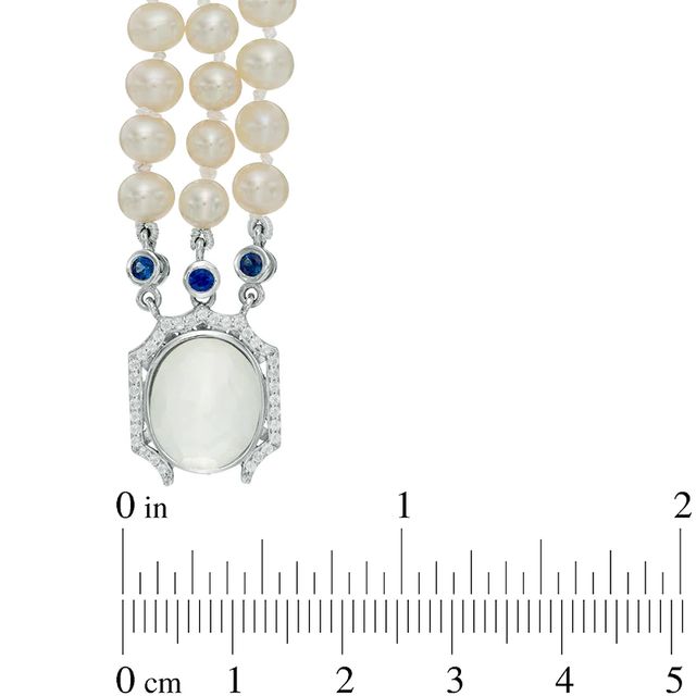 Freshwater Cultured Pearl and Cushion-Cut White Quartz Doublet Triple Strand Necklace with Sterling Silver Clasp