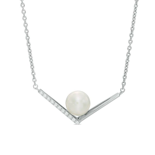 7.0-8.0mm Freshwater Cultured Pearl and White Topaz Chevron Necklace in Sterling Silver