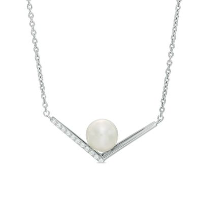 7.0-8.0mm Freshwater Cultured Pearl and White Topaz Chevron Necklace in Sterling Silver|Peoples Jewellers