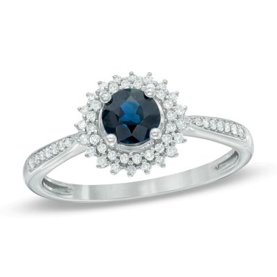 5.0mm Blue Sapphire and 0.15 CT. T.W. Diamond Sunburst Frame Ring in 10K White Gold|Peoples Jewellers