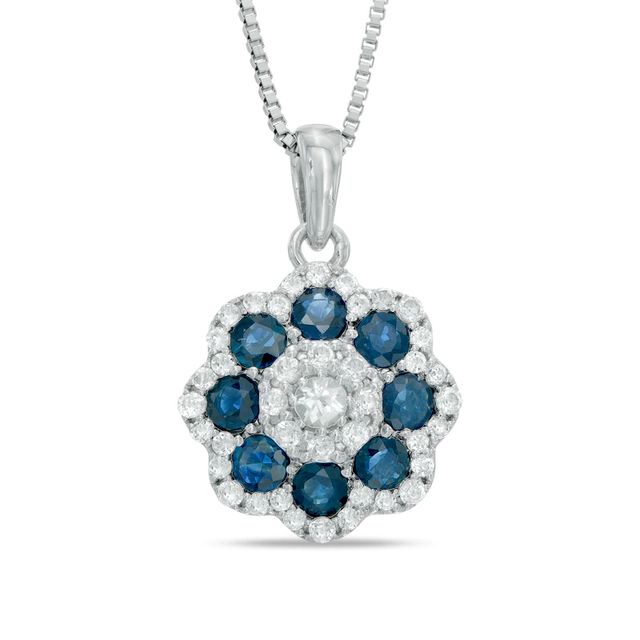 Lab-Created Blue and White Sapphire Flower Cluster Pendant in 10K White Gold