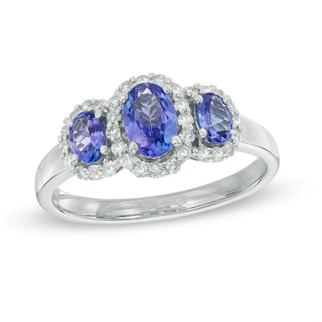 Oval Tanzanite and 0.25 CT. T.W. Diamond Frame Three Stone Ring in 10K White Gold|Peoples Jewellers