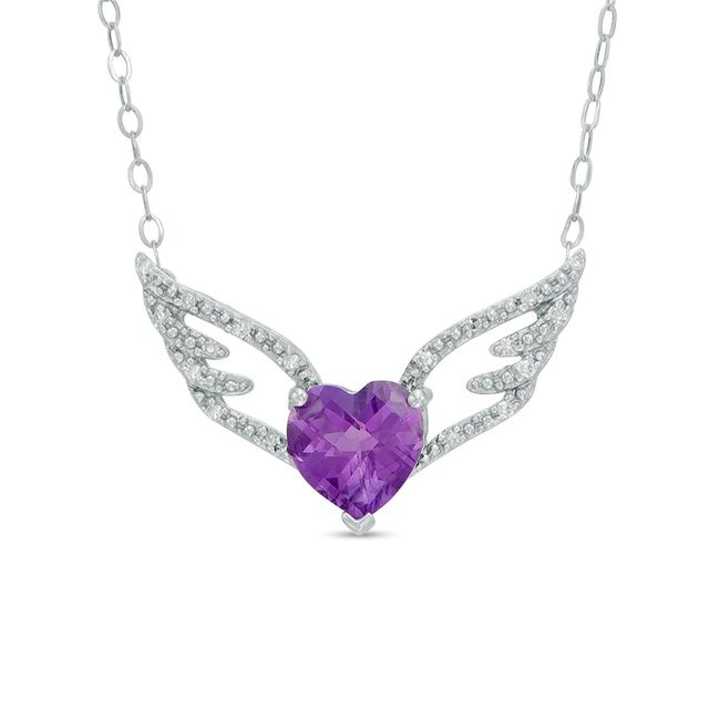 7.0mm Heart-Shaped Amethyst and Diamond Accent Wings Necklace in Sterling Silver - 16.5"|Peoples Jewellers
