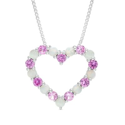 Lab-Created Opal and Pink Sapphire Heart Pendant in Sterling Silver|Peoples Jewellers