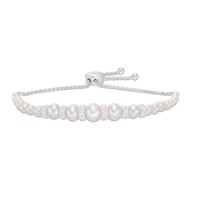 3.0-8.0mm Freshwater Cultured Pearl and Lab-Created White Sapphire Collar Bolo Bracelet in Sterling Silver-9.0"|Peoples Jewellers