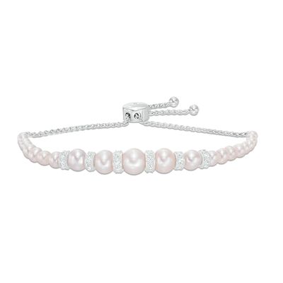 3.0-8.0mm Freshwater Cultured Pearl and Lab-Created White Sapphire Collar Bolo Bracelet in Sterling Silver-9.0"|Peoples Jewellers