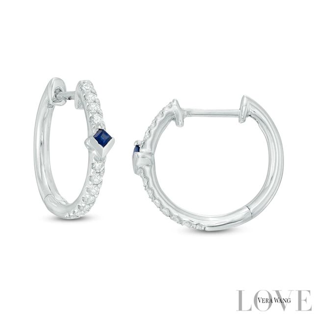 Vera Wang Love Collection 0.149 CT. T.W. Diamond and Blue Sapphire Hoop Earrings in 14K White Gold