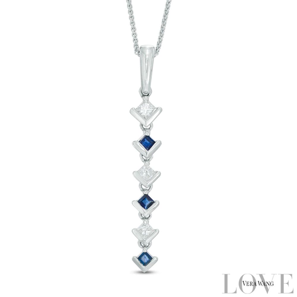 Vera Wang Love Collection 0.15 CT. T.W. Diamond and Blue Sapphire Alternating Drop Pendant in 14K White Gold|Peoples Jewellers