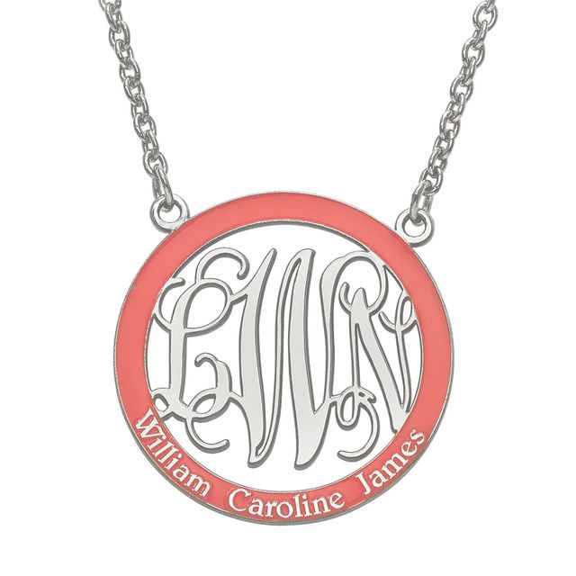 Round Enamel Family Scroll Monogram Necklace in Sterling Silver (1 Colour, 3 Initials and 3 Names)|Peoples Jewellers