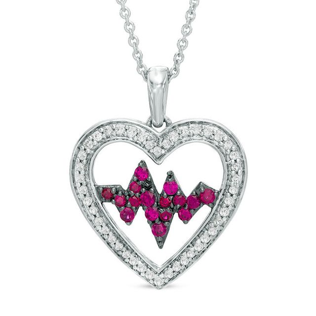 Lab-Created Ruby and White Sapphire Heartbeat Pendant in Sterling Silver|Peoples Jewellers