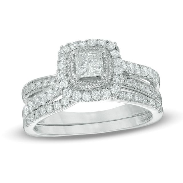 0.96 CT. T.W. Princess-Cut Diamond Frame Crossover Shank Bridal Set in 14K White Gold|Peoples Jewellers