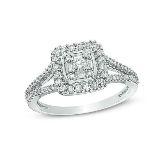 0.50 CT. T.W. Baguette and Round Composite Diamond Square Frame Ring in 10K White Gold|Peoples Jewellers