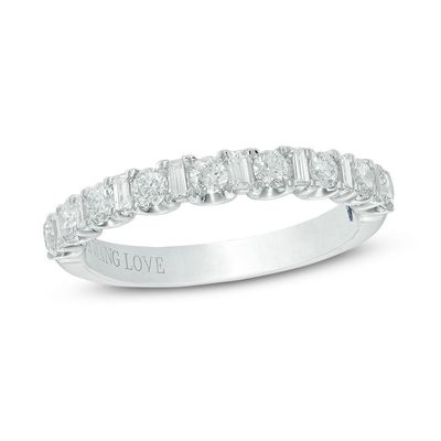 Vera Wang Love Collection 0.58 CT. T.W. Baguette and Round Diamond Alternating Wedding Band in 14K White Gold|Peoples Jewellers