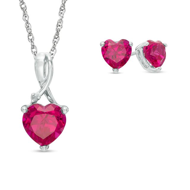 Heart-Shaped Lab-Created Ruby and Diamond Accent Pendant and Stud Earrings Set in Sterling Silver|Peoples Jewellers