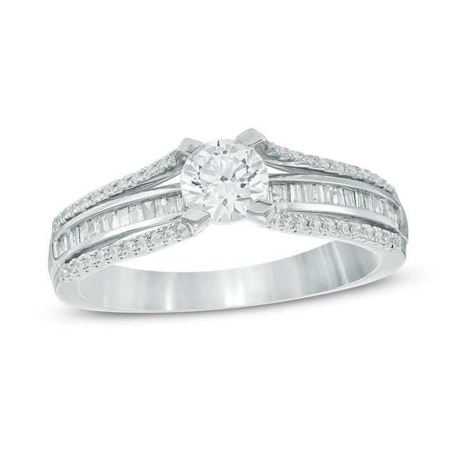 0.83 CT. T.W. Baguette and Round Diamond Triple Row Engagement Ring in 14K White Gold