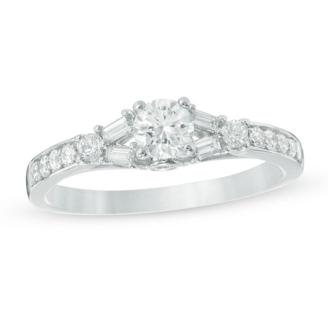 0.66 CT. T.W. Baguette and Round Diamond Split Shank Engagement Ring in 14K White Gold