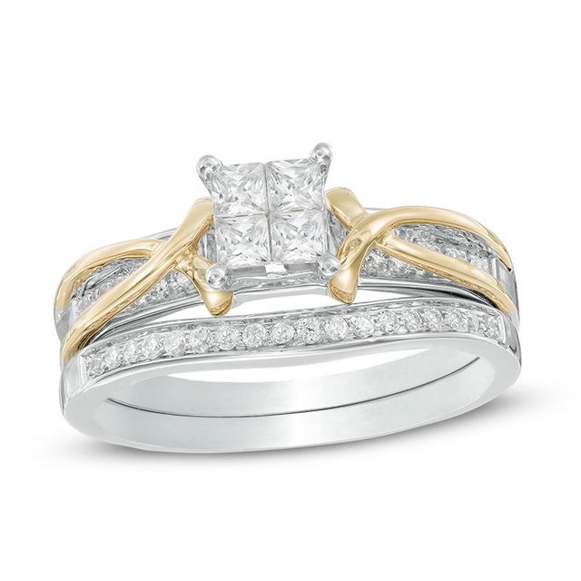 0.50 CT. T.W. Princess-Cut Quad Diamond Crossover Bridal Set in 10K Two-Tone Gold