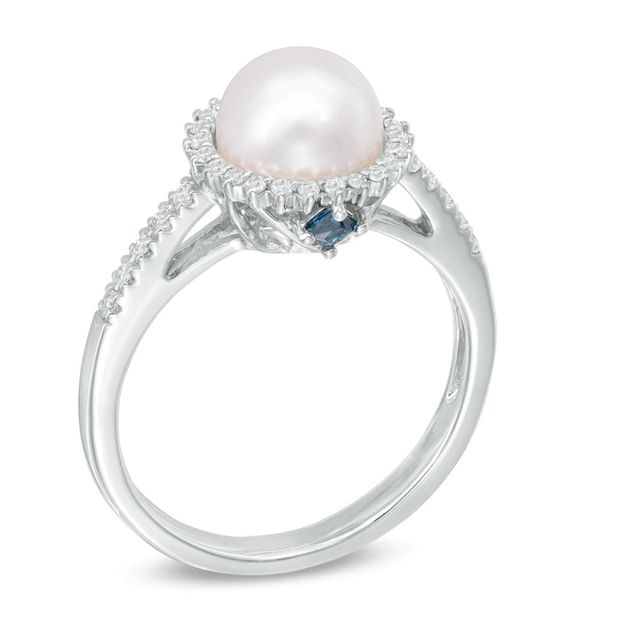 Vera Wang LOVE Akoya Cultured Pearl and 0.14 CT. T.W. Diamond Frame Ring in 14K White Gold-Size 7