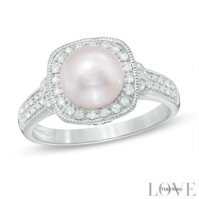 Vera Wang LOVE Akoya Cultured Pearl and 0.20 CT. T.W. Diamond Frame Ring in 14K White Gold-Size 7|Peoples Jewellers