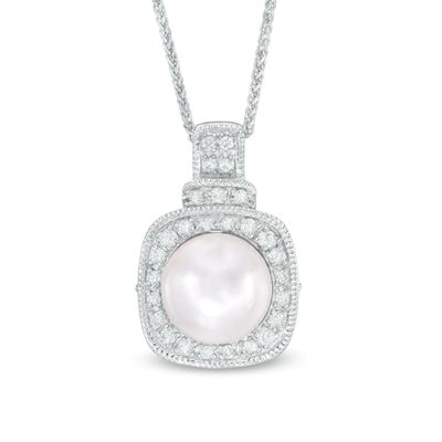 Vera Wang LOVE 7.5-8.0mm Akoya Cultured Pearl and 0.14 CT. T.W. Diamond Frame Pendant in 14K White Gold|Peoples Jewellers