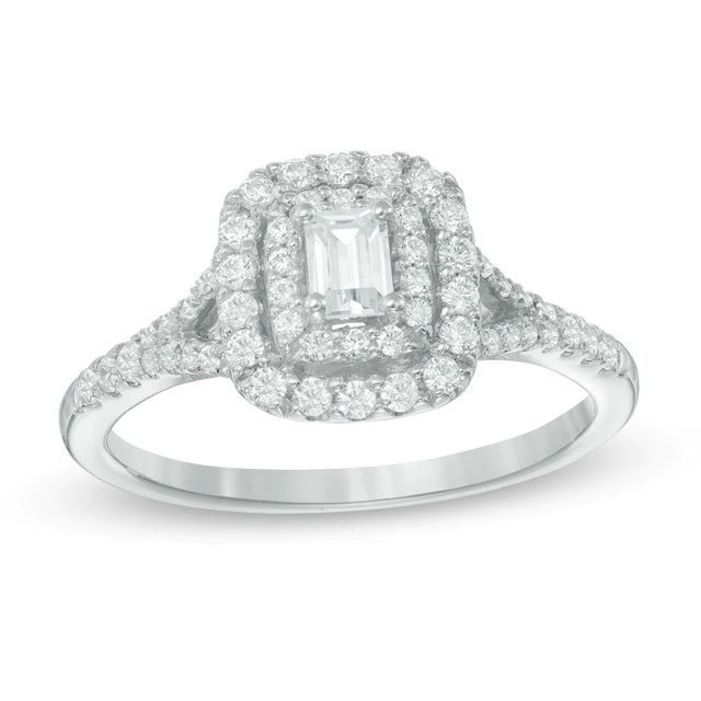 0.45 CT. T.W. Emerald-Cut Diamond Double Frame Split Shank Engagement Ring in 14K White Gold|Peoples Jewellers