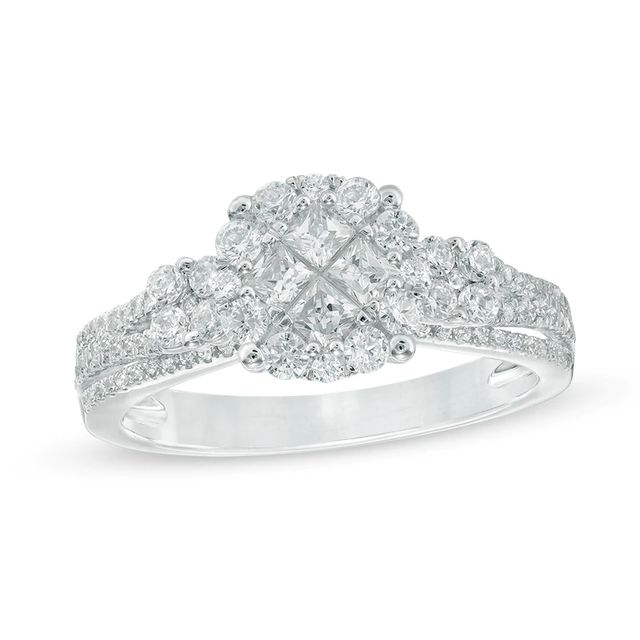 0.80 CT. T.W. Princess-Cut Quad Diamond Tilted Frame Engagement Ring in 14K White Gold