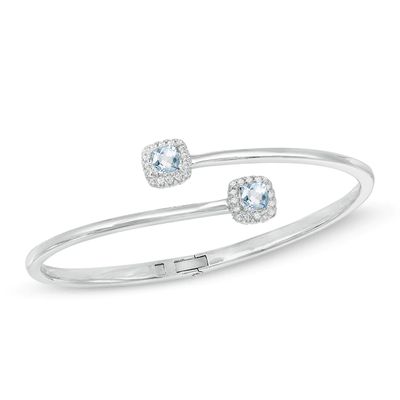 5.0mm Cushion-Cut Lab-Created Blue Spinel and White Sapphire Frame Hinged Bangle in Sterling Silver|Peoples Jewellers