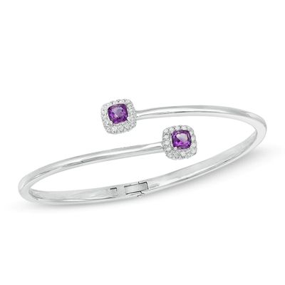 5.0mm Cushion-Cut Amethyst and Lab-Created White Sapphire Frame Hinged Bangle in Sterling Silver|Peoples Jewellers