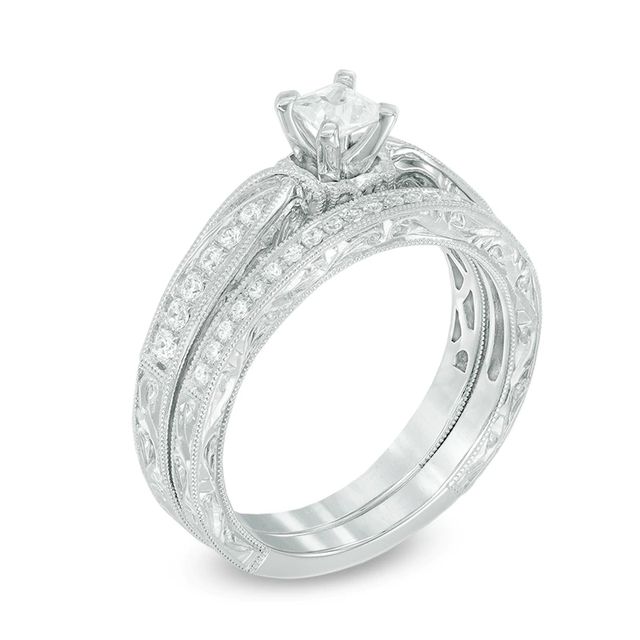 0.45 CT. T.W. Princess-Cut Diamond Vintage-Style Bridal Set in 10K White Gold|Peoples Jewellers