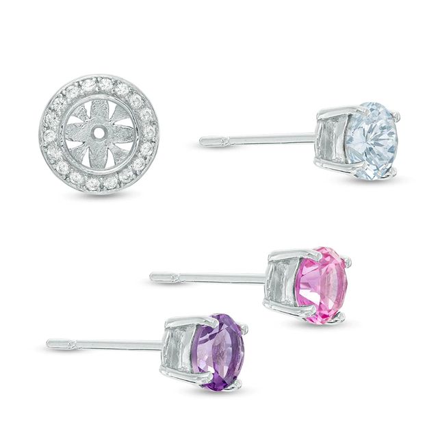 Amethyst, Lab-Created Blue Spinel and Pink Sapphire Interchangeable Stud Earrings and Jacket Set in Sterling Silver