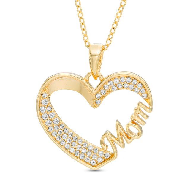 Lab-Created White Sapphire "Mom" Heart Pendant in Sterling Silver with 18K Gold Plate|Peoples Jewellers