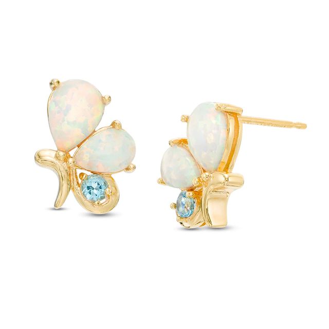 Pear-Shaped Lab-Created Opal and Swiss Blue Topaz Butterfly Stud Earrings in Sterling Silver with 18K Gold Plate|Peoples Jewellers