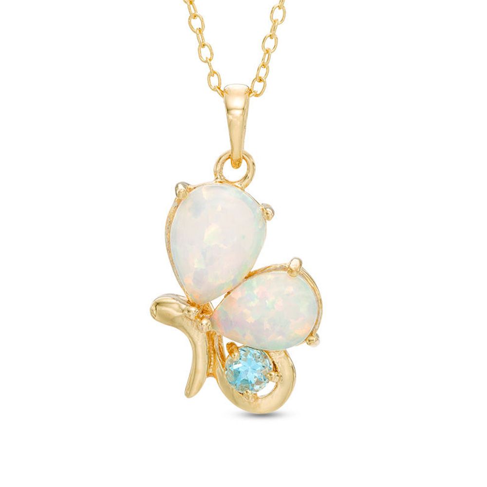 Pear-Shaped Lab-Created Opal and Swiss Blue Topaz Butterfly Pendant in Sterling Silver with 18K Gold Plate|Peoples Jewellers