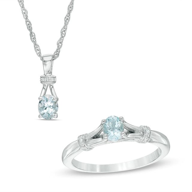 Oval Aquamarine and Diamond Accent Collar Pendant and Ring Set in Sterling Silver - Size 7|Peoples Jewellers